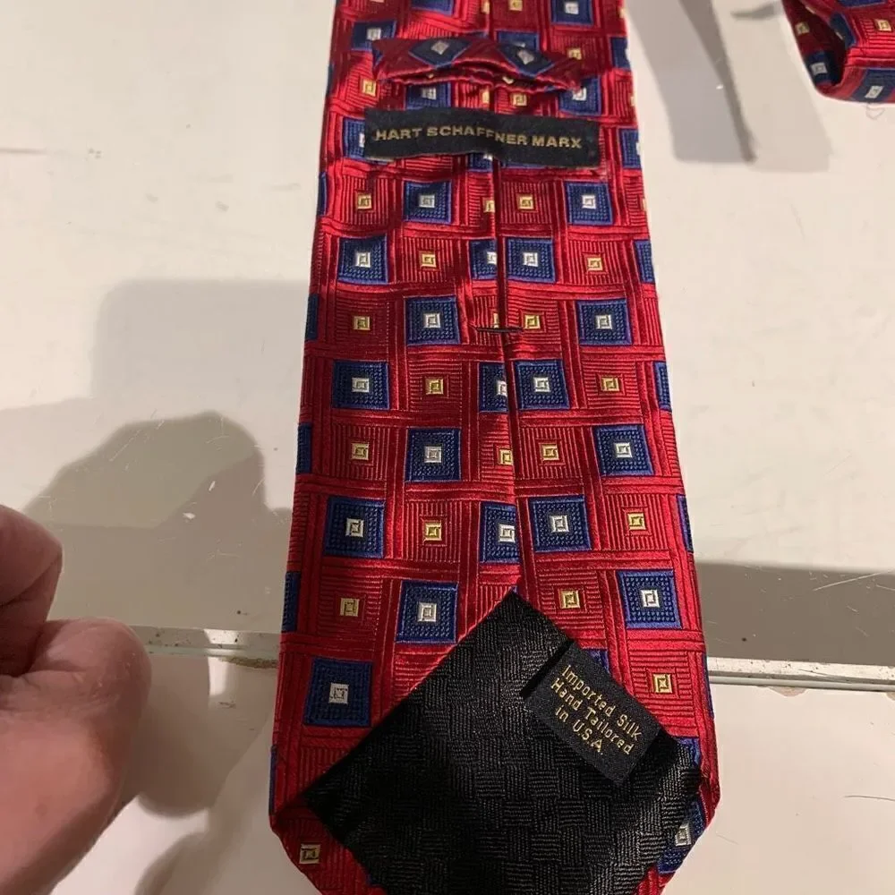 Hart Schaffner Marx Vintage Silk Hand-Tailored Tie, Red Blue Geometric 58”x3.5”‎